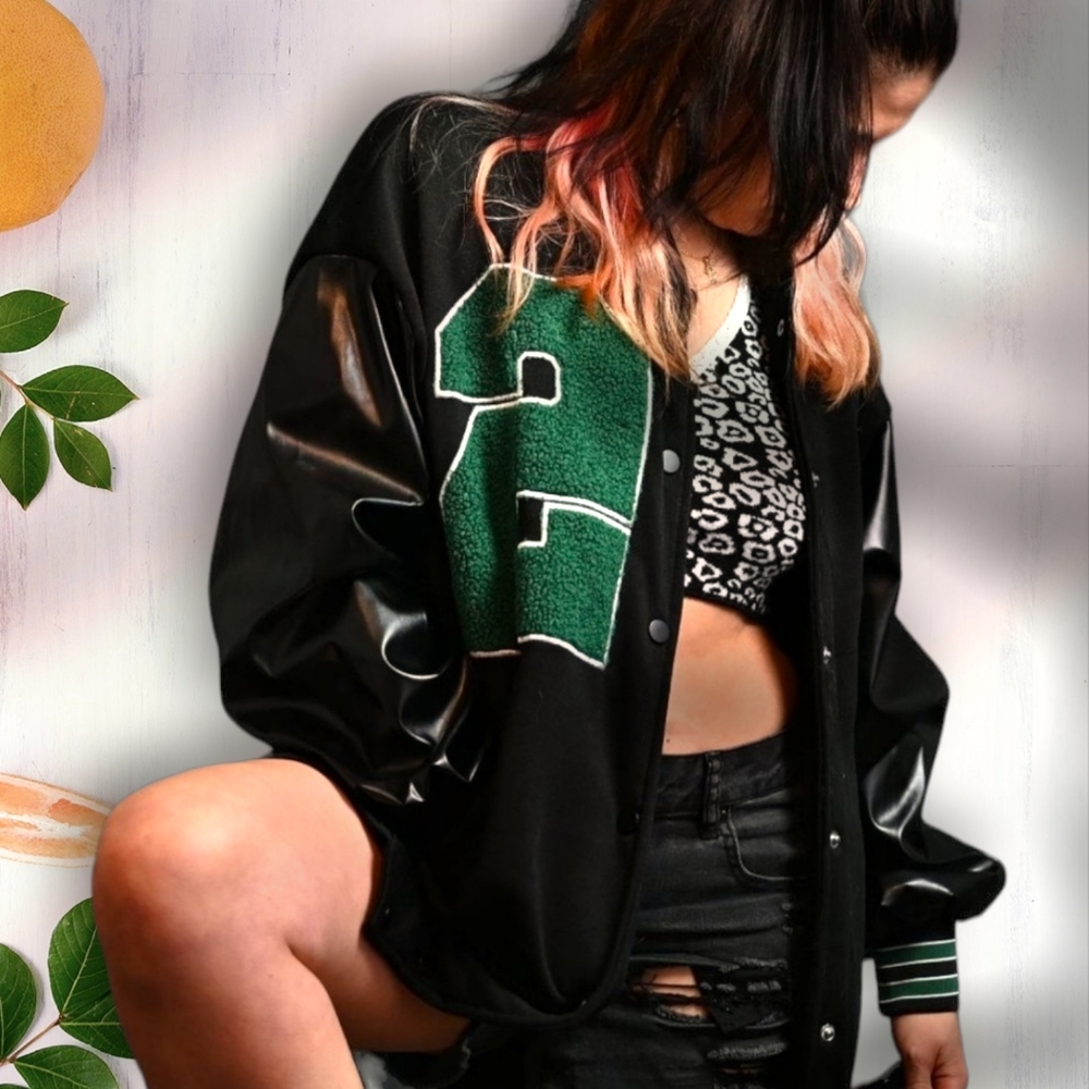Black and Green Oversized Varsity Baseball Jacket
